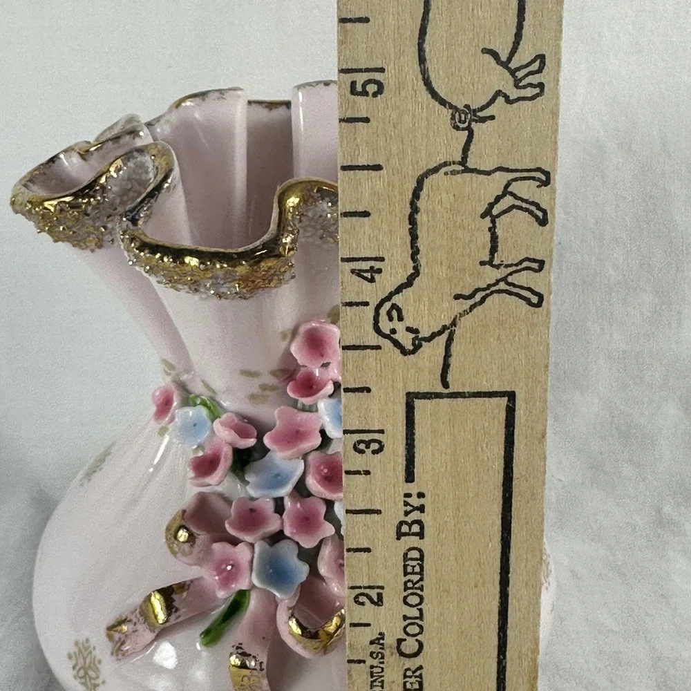 Vtg Lefton Pink Pouch Purse Vase Applied Flowers Forget-Me-Nots Gold Trim Mint